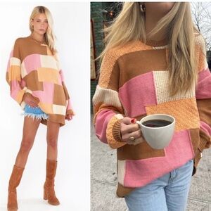 NEW!! Show Me Your MuMu Pink and Brown Patchwork Sweater XS